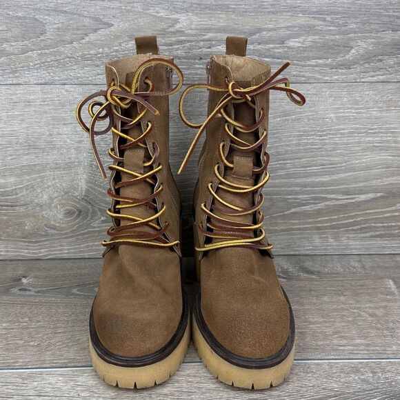 Free People Dylan Lace Up Taupe Brown Leather Tall Chunky Y2K 9-Eye Heeled Boots - Picture 2 of 13